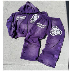 Conjunto de Sudadera con Capucha y Pantalones de Chándal con Cremallera, Estilo Desgastado, Parches y Lavado Ácido, de Moda, Casual, Estilo Urbano - Product Image 4