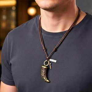 Fashion Pendant Necklace-LEGION FANG Brass Gold 2-Inch Pure Stainless Steel Pendant with Adjustable Leather <b>Rope</b> for Men & Boys - Product Image 1