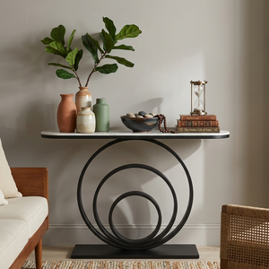 Luxury <b>Marble</b> Top <b>Console</b> <b>Table</b> Modern Black Metal Circle Base Entryway Hallway Accent <b>Table</b> Furniture - Product Image 3