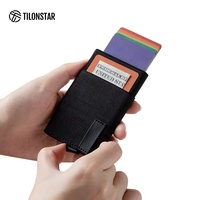 TVC212 kotak kartu bank aluminium logam, dompet kain elastis kantung Pop-up otomatis pemegang kartu kredit RFID dengan cincin gantungan kunci