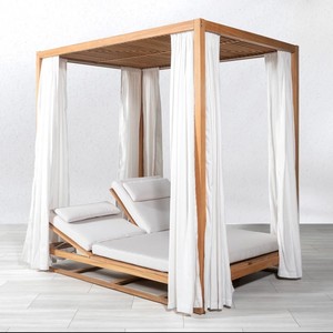 Cama de Día Doble Tipo Cabaña para Exteriores, de Madera de Teca Sólida Premium, con Cortinas de Privacidad - Product Image 4