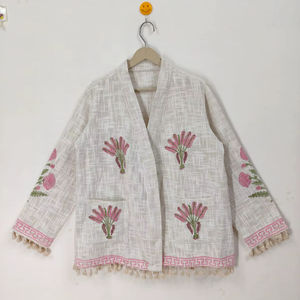 Chaqueta Bomber Clásica de Algodón con Estampado Artesanal, Reversible, Ecológica, Transpirable, Diseño Floral Bohemio para Invierno, Corta - Product Image 1