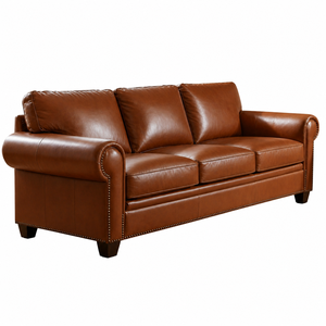 Sofá de Cuero Genuino de Estilo Moderno de Mediados de Siglo, 3 Plazas, con Brazos Enrollados y Adornos de Tachuelas, para Sala de Estar, en Oferta - Product Image 2