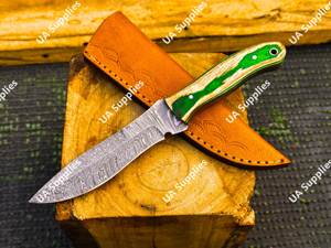 Cuchillo de caza de hoja fija de acero de Damasco hecho a mano para exteriores con mango de madera Pakka personalizado y colorido, y funda de transporte de cuero OEM - Product Image 4