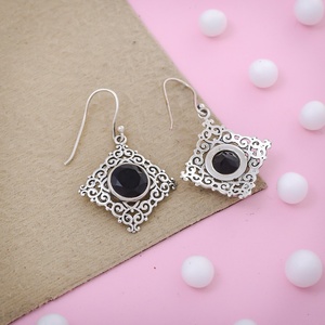 Natural Black Onyx Vintage 925 <b>Silver</b> Dangle <b>Earrings</b> Ornate Filigree <b>Drop</b> <b>Earrings</b> for Womens Gemstone Jewelry - Product Image 3