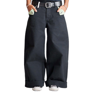 Pantalon décontracté en toile de coton 16oz, denim délavé, coupe droite, style rétro, poches avant à oreilles de mulet, noir, jambe large - Product Image 2