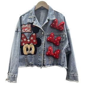 Women's Denim Jacket Heavy Rhinestones Beaded 3D Bow Knot Washed Outerwear for Autumn Winter Summer Casual Jean - Product Image 1