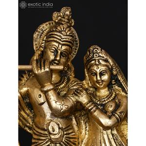 Escultura de latón de 5 pulgadas hecha a mano de Radha Krishna, figura pequeña elegante de pie para decoración del hogar, uso de templo de regalo hecho en La India - Product Image 2