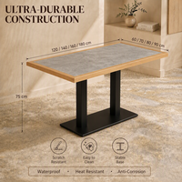 Table à manger carrée moderne en pierre frittée, résistante au feu, imperméable, bord en bois, base en acier, hôtel, restaurant, café