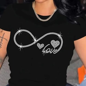 Women's Black <b>Rhinestone</b> Infinity Love Heart T-Shirt O-Neck Short Sleeve Casual Slim Fit Jersey Cotton <b>Top</b> - Product Image 5