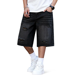 Men's Customizable Solid Embroidered Denim Shorts Baggy Wide Leg Knee Length High Street Style Vintage Ripped Quick Dry Jorts - Product Image 1