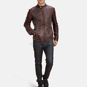 New Classic Men <b>Rhinestone</b> Winter Leather <b>Jacket</b> Biker Motorcycle Stand Collar Full Zip Daily Wear Fashion Outerwear - Product Image 3