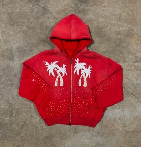 Sweat-shirt à capuche zippé rouge pour homme, imprimé palmiers et strass, en molleton bouclette, coupe oversize, décontracté, pour l'été - Product Image 1