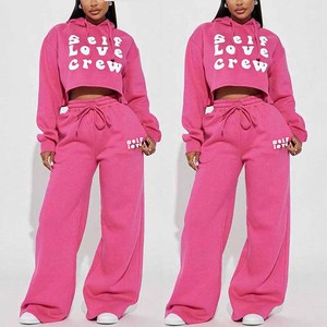 Ensemble jogging et sweat à capuche rose pour femme, manches longues, imprimé lettres, coupe ample, tenue décontractée deux pièces, toutes saisons - Product Image 4
