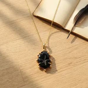 Collier pendentif réglable en forme d'étoile en onyx noir, pierre précieuse naturelle, design populaire, style luxueux, laiton plaqué or massif pour femmes - Product Image 2