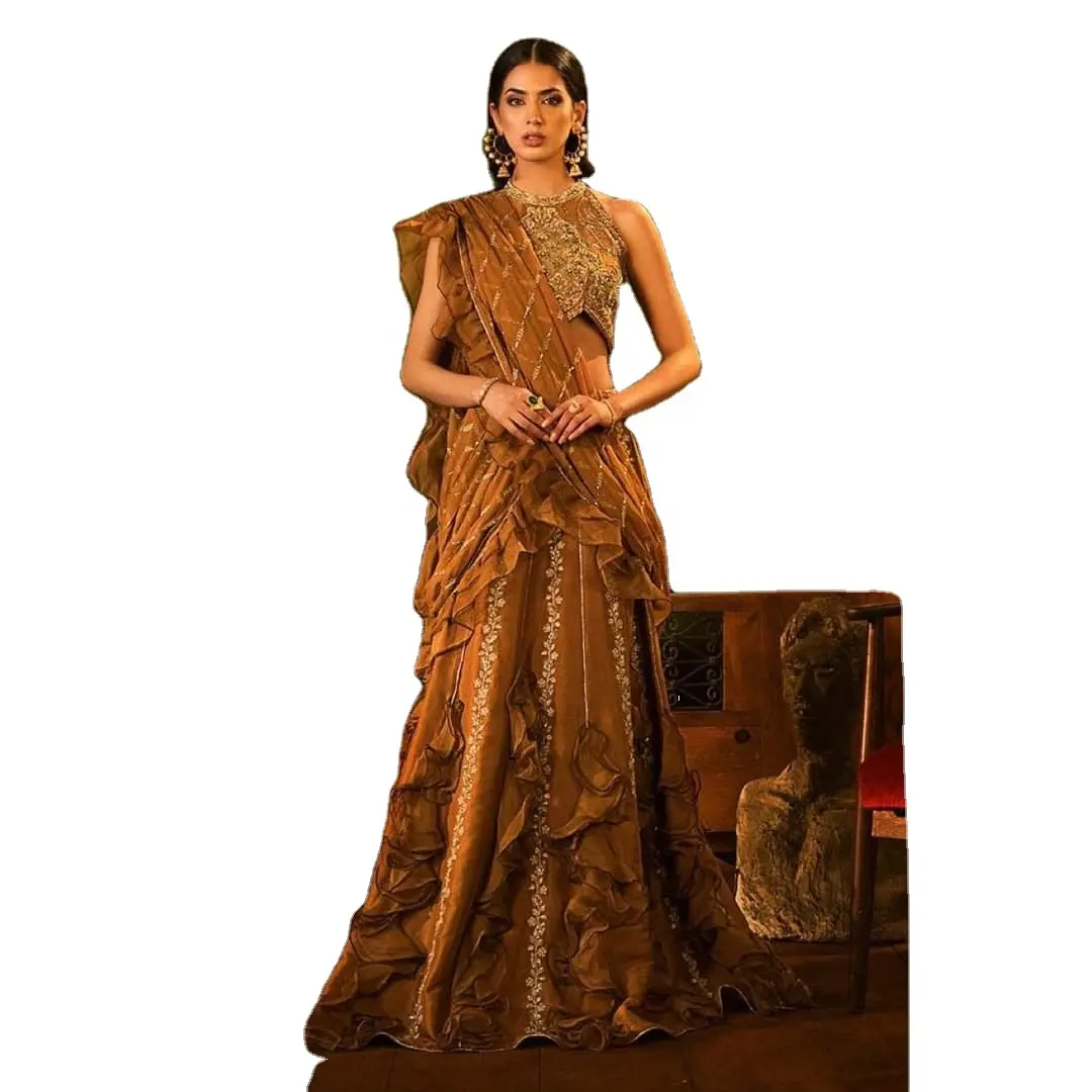 فستان نسائي صيفي من الحرير, فستان نسائي صيفي من الحرير باللون الذهبي بتصميم هندي باكستاني باللون الذهبي ملائم لحفلات تشولي موديل 2023
