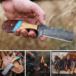 Cuchillo de caza y camping de hoja fija de acero de Damasco hecho a mano, estilo vaquero personalizado, con funda de cuero. - Product Image 4