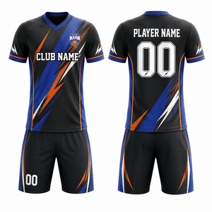 Conjunto de Camiseta de Fútbol Sublimada Personalizada, Negra, Azul y Naranja, Cuello Alto, Manga Corta, Ligera, Transpirable, Unisex para Adultos - Product Image 1