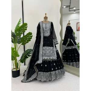 Conjunto de traje de fiesta negro para mujer de diseñador RTC con hilo y trabajo de secuencia Ropa de noche elegante Talla M - Product Image 2