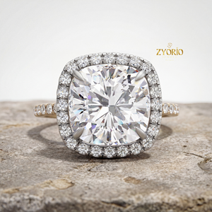 <b>Cushion</b> Cut Lab Grown Diamond Halo Engagement Ring with Pave Diamond Band Silver Wedding Party Trendy - Product Image 2