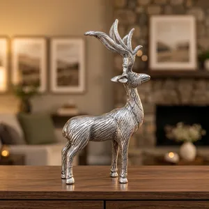 Statue élégante de cerf argenté, sculpture métallique artisanale avec grandes cornes fourchues, figurine de faune détaillée pour la maison - Product Image 5