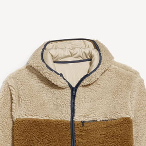 Veste polaire à capuche pour homme, style color block, fermeture éclair, décontractée, pour l'hiver, coupe classique, beige et marron, sweats à capuche en sherpa - Product Image 4