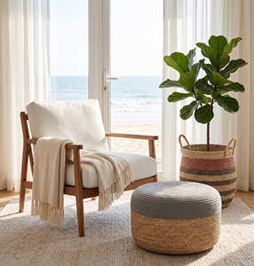 Customizable Size Color Two-Tone Cotton Rope Seagrass Modern Craftsman Cylindrical Floor <b>Pouf</b> for Living Room Home Stool Ottoman - Product Image 6