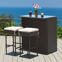 Ensemble table et tabourets de bar en rotin tressé, mobilier de jardin d'extérieur résistant aux intempéries, ensemble repas 2 places pour terrasse