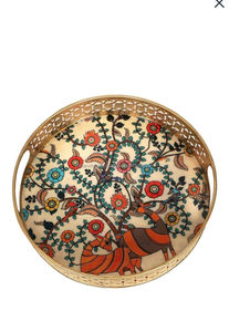 Plateau de service rond en métal, motif paon royal et palmier, plateau décoratif en fer avec bordure découpée dorée, idéal pour cadeau de retour - Product Image 3