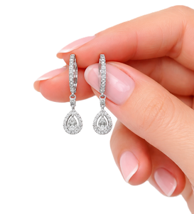 ต่างหูเพชรทรงหยดน้ำ DEF Color VS VVS Clarity Pear Round Lab Grown Diamond  แบบห่วง  ทองคำแท้ 10K 14K  ได้รับการรับรองจาก IGI - Product Image 3