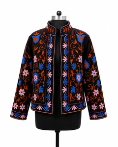 Black Velvet <b>Mandarin</b> <b>Collar</b> <b>Jacket</b> With Floral Embroidery Full Sleeve Autumn Women's Outerwear - Product Image 1