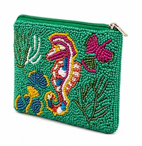 Beaded Wristlet Women's Bohemian Zipper Closure Handbag Green Seahorse Pattern Decorative Clutch Daily Use - Product Image 1