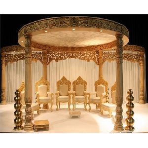 Mandap Dorado Tallado a Mano para Bodas Indias, Mandap de Fibra con Parte Superior Floral Redonda, Estilo Maharaja, Gran Venta - Product Image 2