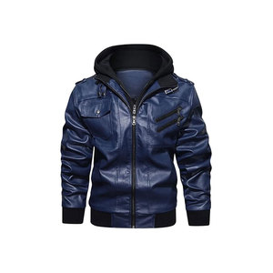 Veste en cuir PU bleu marine pour homme avec fermeture éclair, col rabattable, coupe ajustée, style automne - Product Image 4