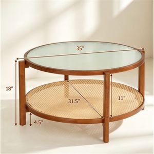 Tavolino da Caffè Boho in Noce a 2 Livelli, Tavolini Laterali in Rattan PE, Piano in Vetro Temperato, Tavolo Centrale in Legno Massello di Acacia per Soggiorno - Product Image 6