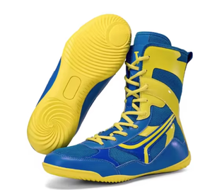 Bottes d'entraînement de boxe en PU bleues et jaunes, design durable à tige haute pour toutes les saisons, chaussures de boxe respirantes, légères, pour le sport - Product Image 2