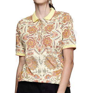 Camiseta polo al por mayor personalizada para mujer, con estampado floral, manga corta, informal, de tela tejida, con cuello amarillo, para camisetas de mujer - Product Image 1