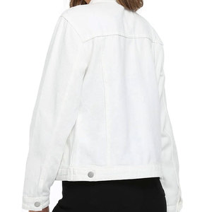 White Denim Trucker <b>Jacket</b> <b>Women</b> Full Sleeve Button Front Turn-down Collar Spring Short Length Solid Color Cotton Woven <b>Jacket</b> - Product Image 3