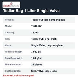 Bolsa de muestreo de gases TECHINSTRO Tedlar de 1 litro con válvula única de película PVF, a prueba de fugas, para muestreo de gases de combustión y de suelo (VOC) - Product Image 6