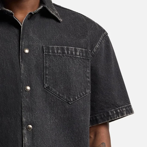 Clean Look Trendy Outdoor Wear With Front Pocket OEM Service Minimal Style Denim T Shirt With Turn <b>Down</b> Collar And Short Sleeves - Product Image 4