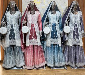 Full on Trending Chinon Top With Rasbery Koty, Russian Plazo, Lakhnavi Embroidery, Zarkan Stones, Dupatta, Purse & Jutti Gharara - Product Image 2