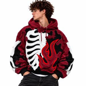 <b>Men's</b> <b>Burgundy</b> Skeleton Flame Graphic Pullover <b>Hoodie</b> Sweatshirt Gothic Streetwear - Product Image 1