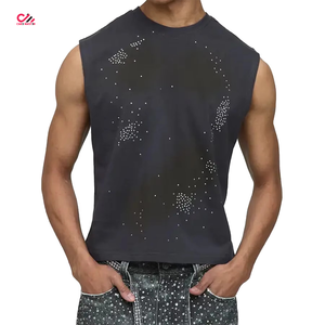 Camisetas de gimnasio sin mangas para hombre con estampado de diamantes de imitación personalizados, camiseta sin mangas de corte ajustado, 100% poliéster, camiseta ligera para correr para hombre - Product Image 1