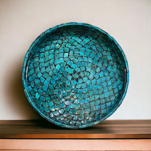 Bandeja redonda para desayuno, bandeja de nácar, bandeja con incrustaciones de nácar azul con diseño de escamas de pez, bandeja para mesa de centro - Product Image 1