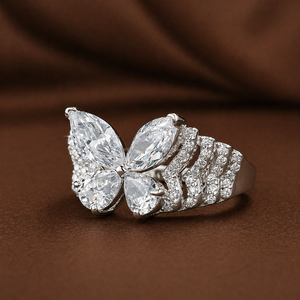 Luxury Pear Shape Diamond Butterfly Ring White Gold Finish with Side <b>Stones</b> Delicate Elegant Design Fine Jewelry Statement Ring - Product Image 3