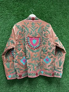 Artisan Pink Suzani <b>Velvet</b> <b>Jacket</b> Multicolor Floral Embroidery Stand Collar Bohemian Vintage <b>Women</b> Outerwear - Product Image 5