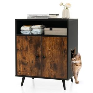<b>Brown</b> Wood Double-Door Cat Litter <b>Box</b> with <b>Storage</b> Furniture for Nightstand Side Table or End Table Use - Product Image 4