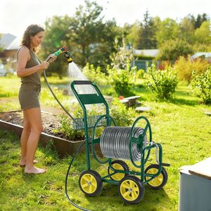 Carrello Avvolgitubo da Giardino in Metallo con 4 Ruote e Cesto Portaoggetti - Product Image 1