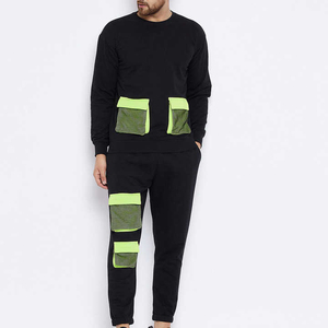 Survêtement en coton noir pour homme, col rond, manches longues, couleur unie, décontracté, avec poches vert lime, coupe classique, pour l'automne - Product Image 1