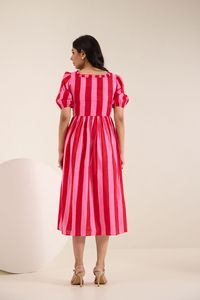 Robe longue en mousseline rayée rouge et rose, col carré, manches bouffantes, coupe trapèze, décontractée, pour l'été, en tissu respirant - Product Image 4
